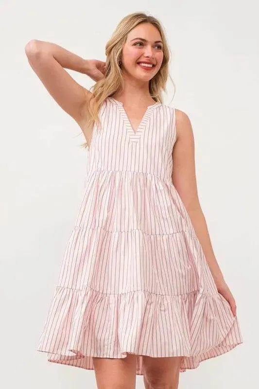 Lime 'N' Chili Striped Sleeveless V-Neck Tiered Dress - Bona Fide Fashion
