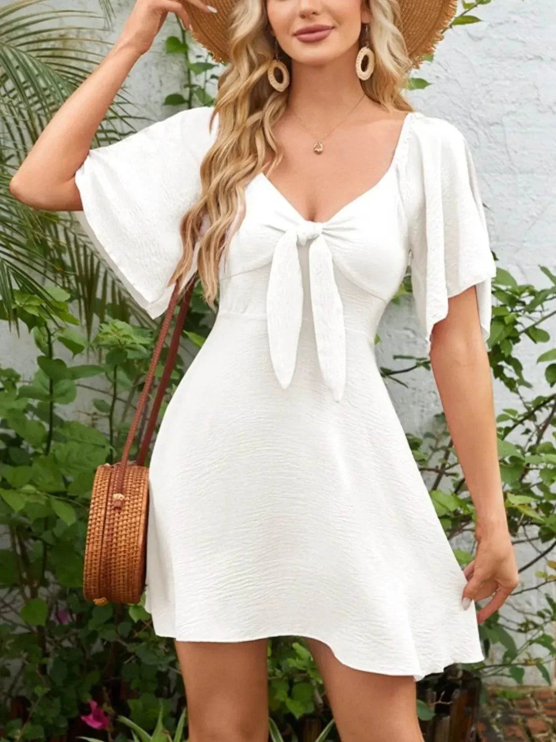 Smocked Back Knotted Flutter Sleeve Dress - Bona Fide Fashion