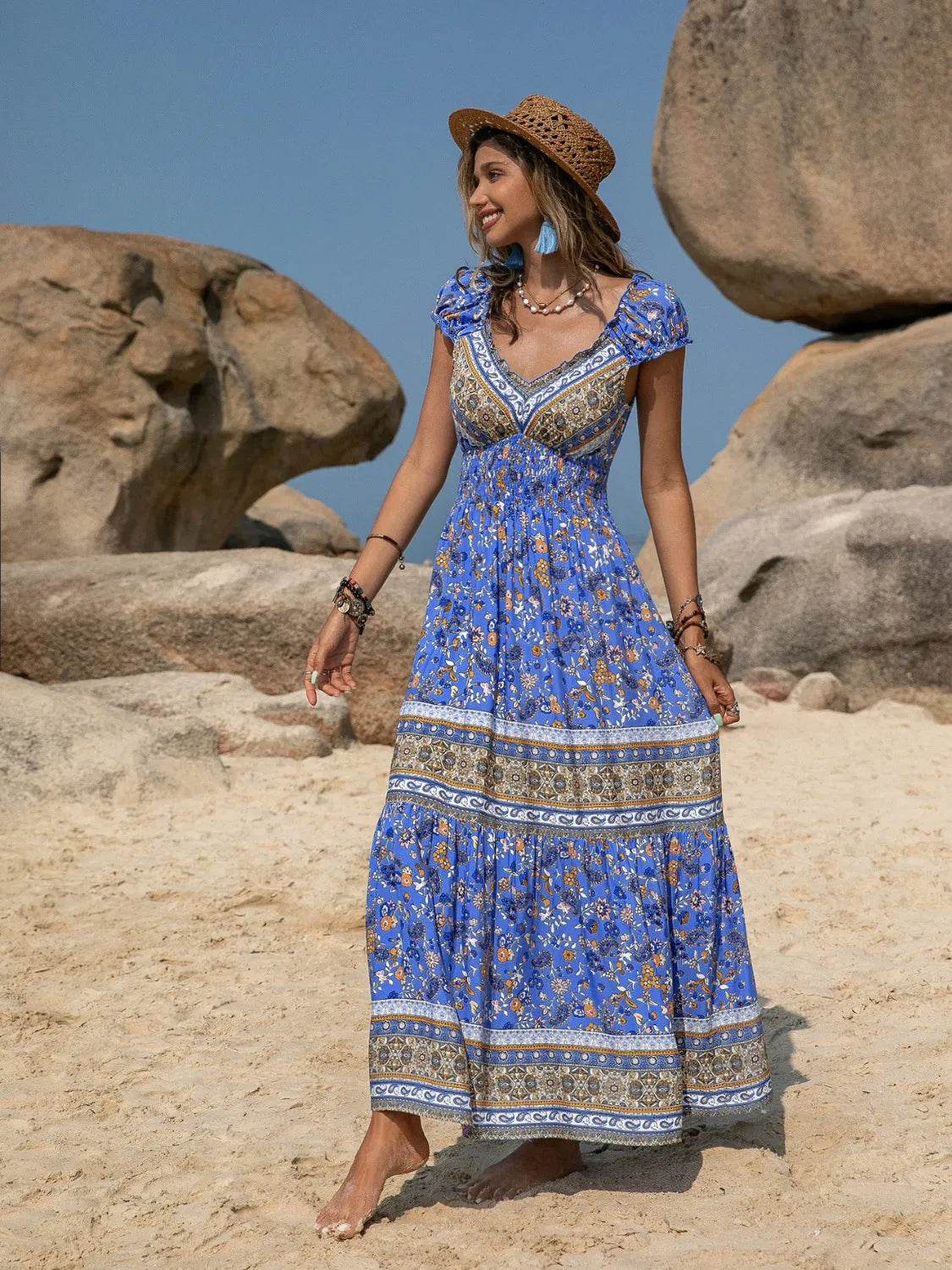 Printed V-Neck Cap Sleeve Midi Dress - Bona Fide Fashion