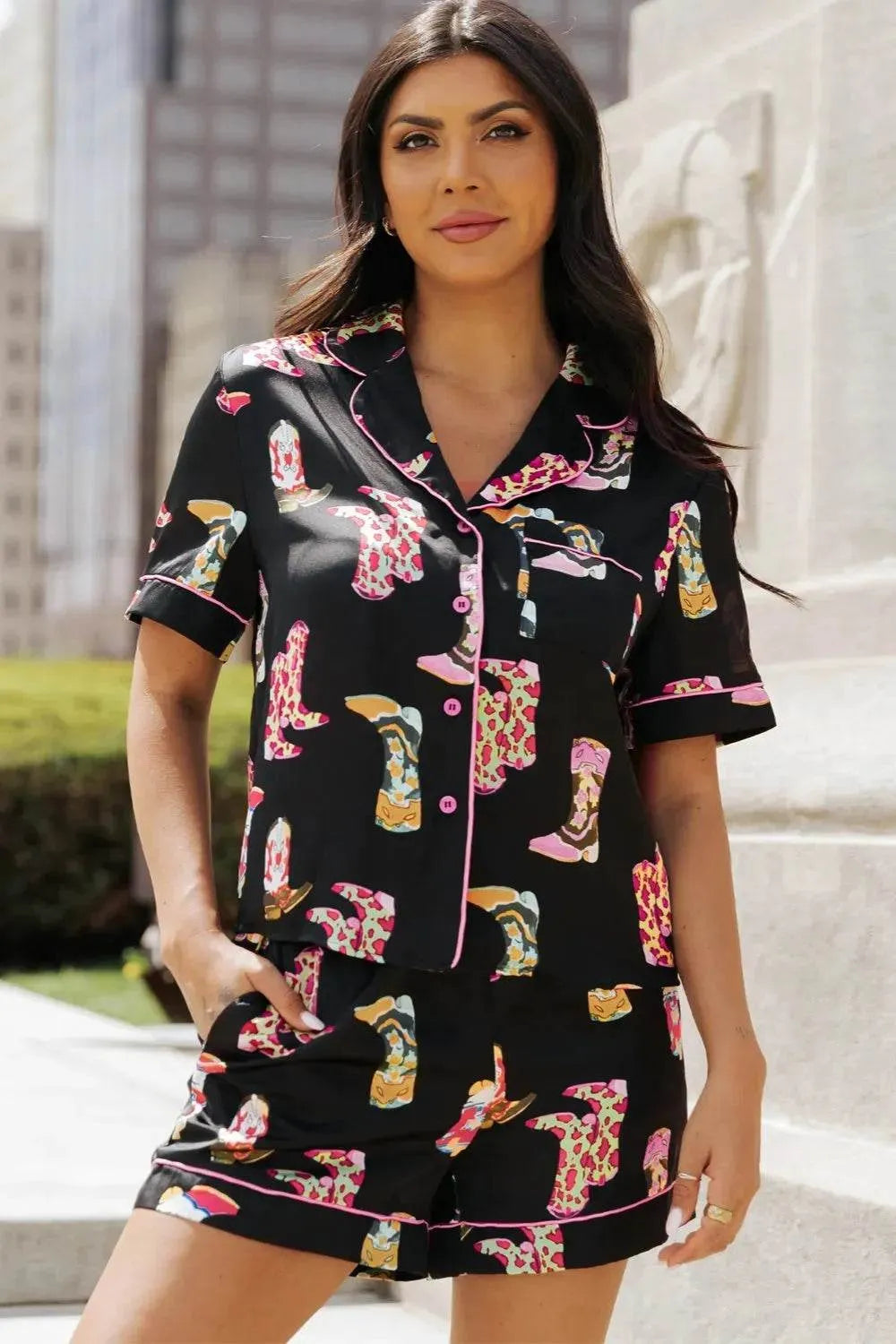 Printed Button Up Short Sleeve and Shorts Lounge Set - Bona Fide Fashion