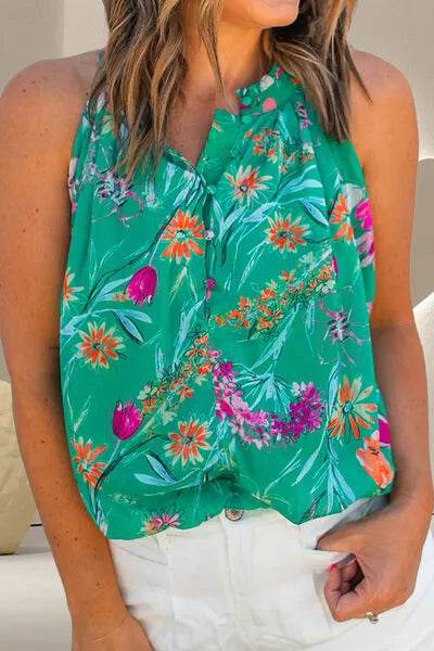 Frill Printed Grecian Tank - Bona Fide Fashion