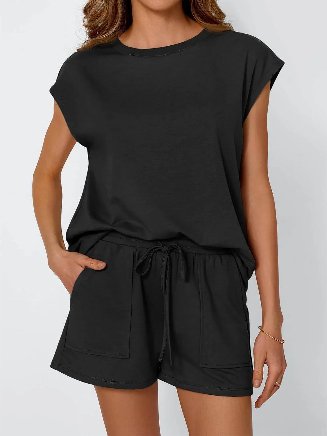 Round Neck Cap Sleeve Top and Shorts Set - Bona Fide Fashion