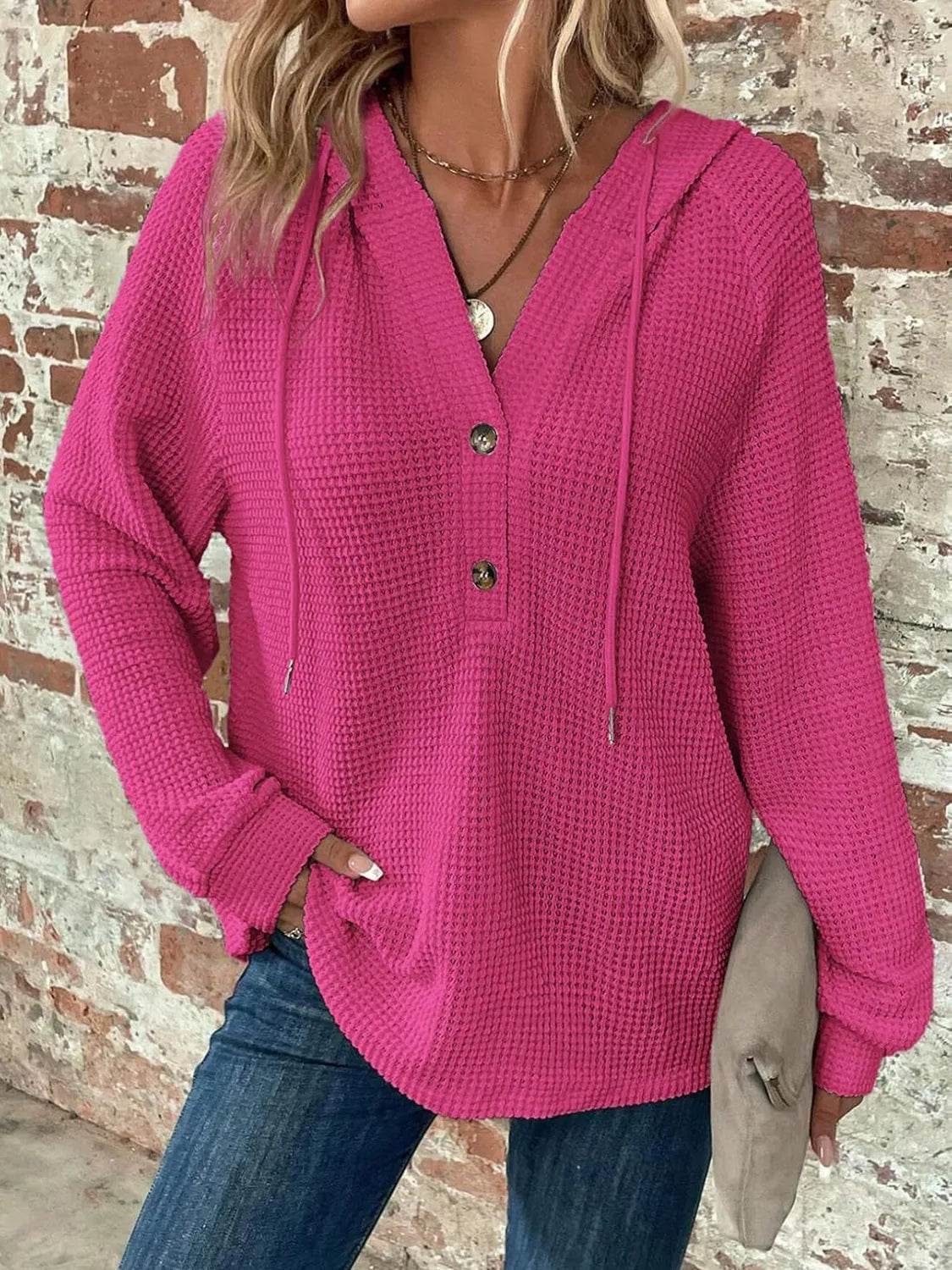 Waffle Knit Long Sleeve Drawstring Hooded Top - Bona Fide Fashion