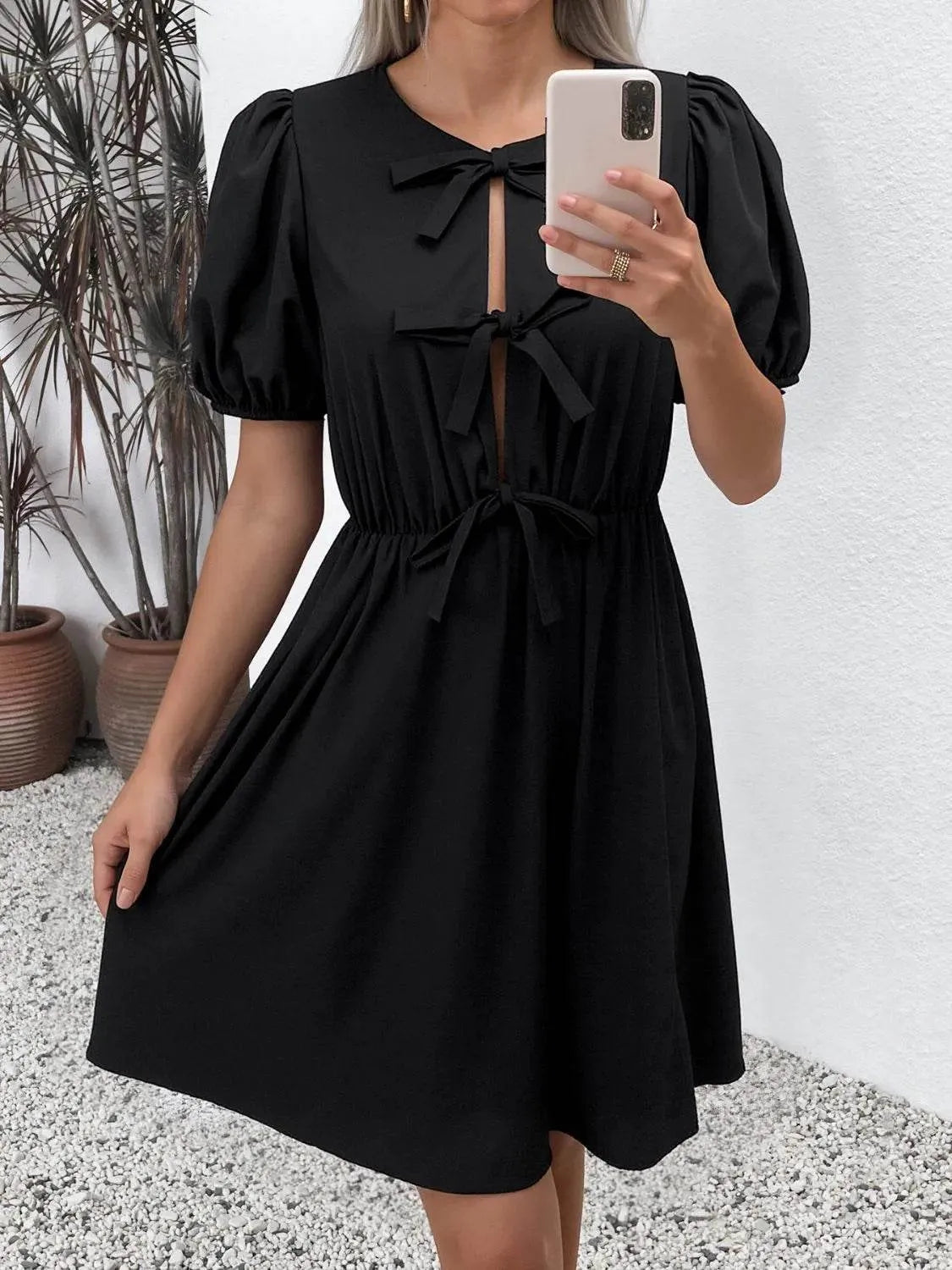 Tie Front Puff Sleeve Mini Dress - Bona Fide Fashion
