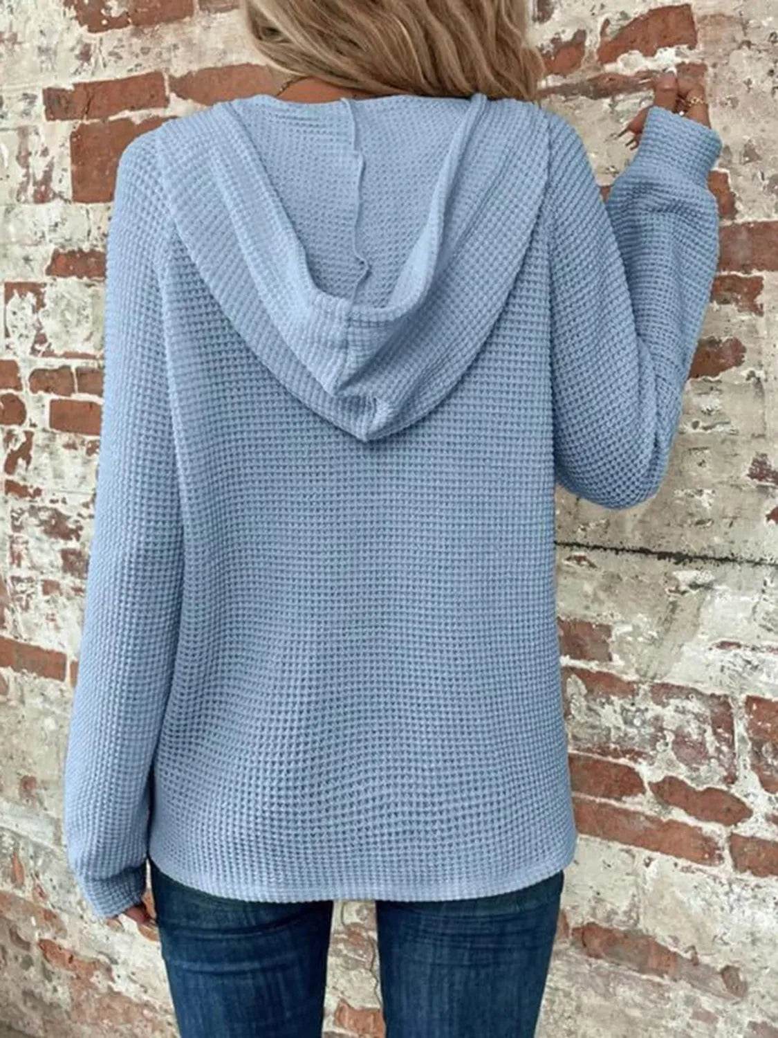 Waffle Knit Long Sleeve Drawstring Hooded Top - Bona Fide Fashion