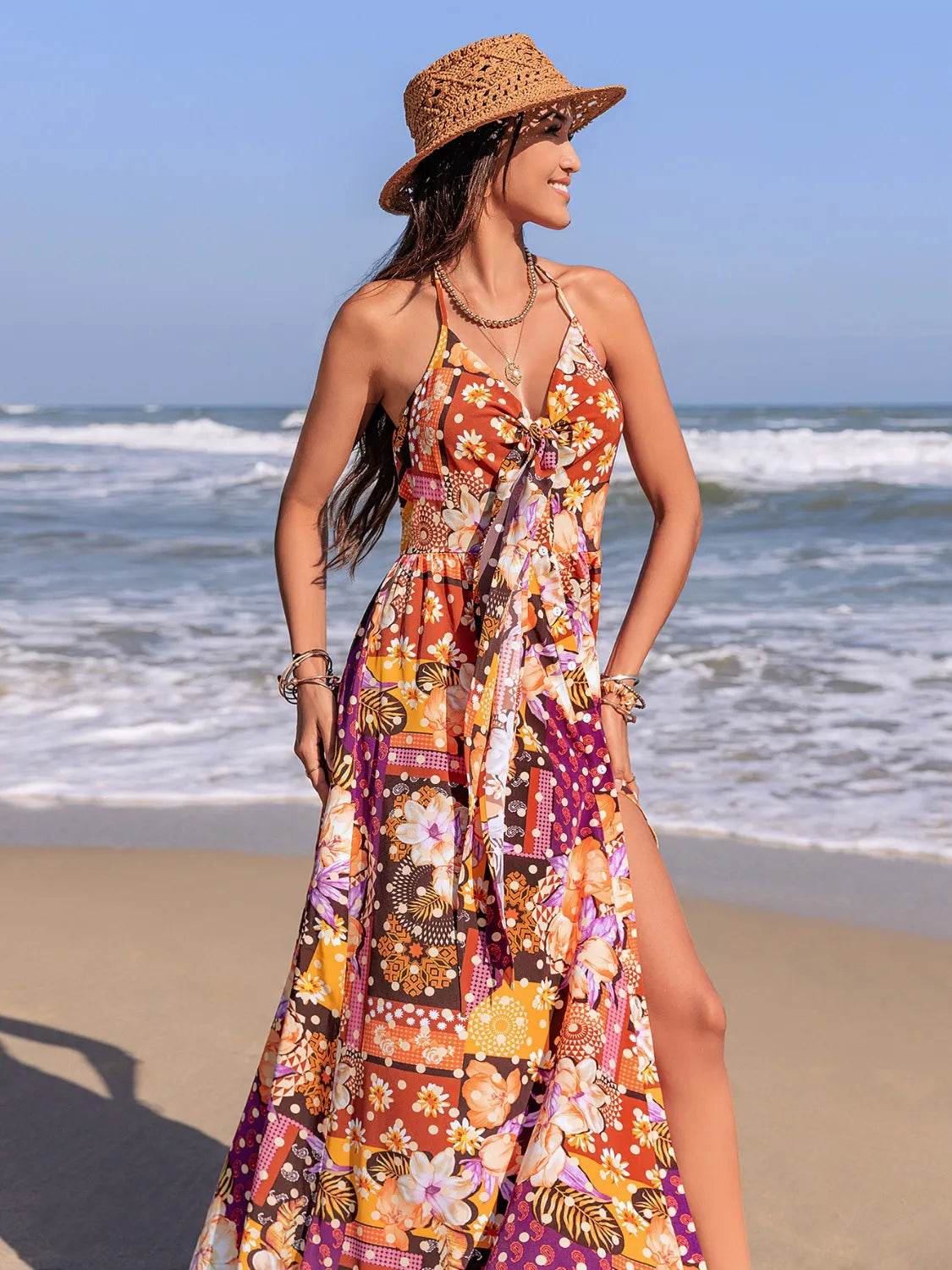 Slit Printed Halter Neck Cami Dress - Bona Fide Fashion