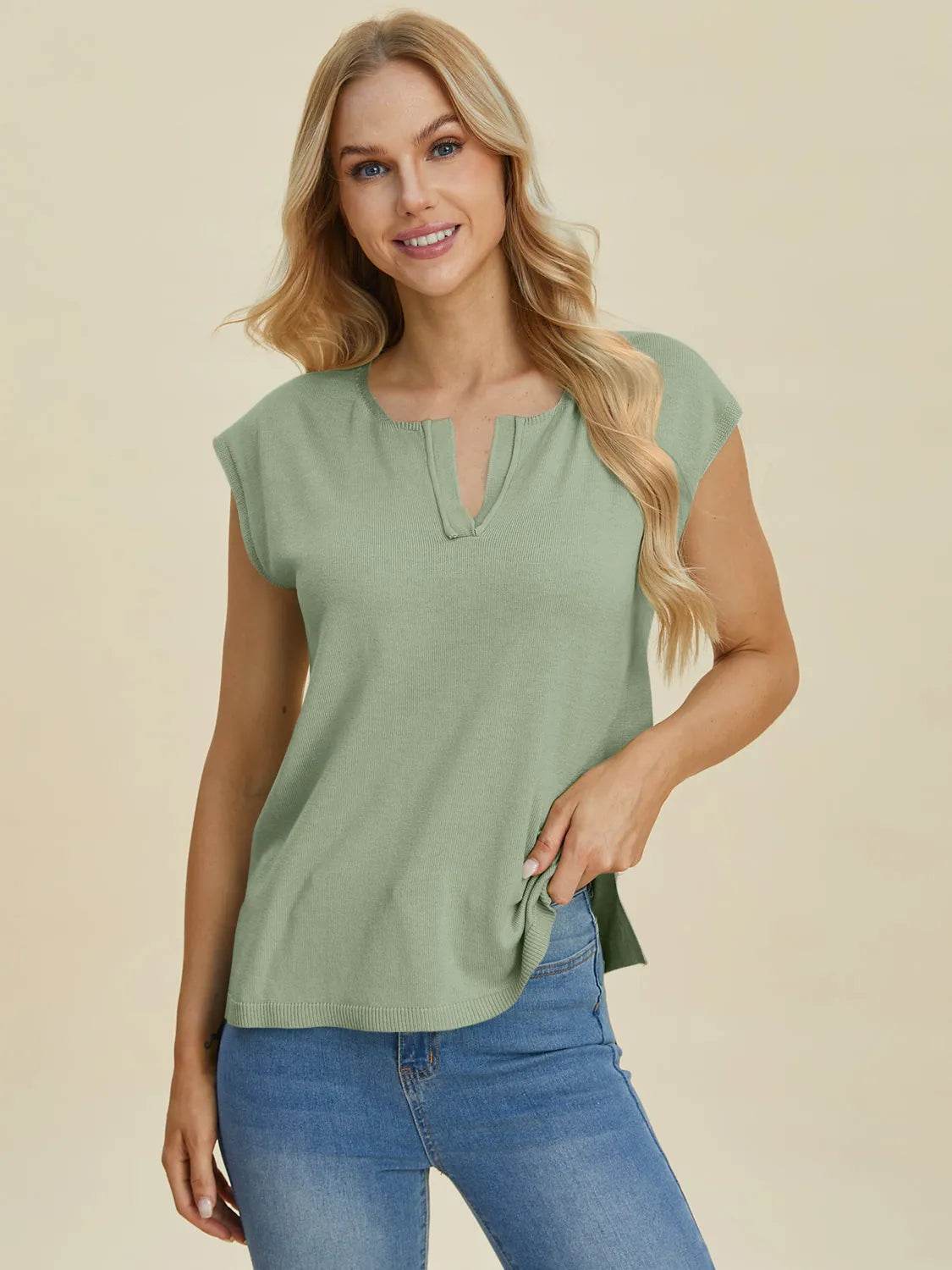 Double Take Full Size Notched Cap Sleeve Knit Top - Bona Fide Fashion