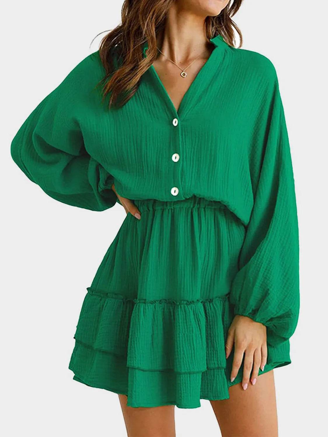 Ruffled Notched Balloon Sleeve Mini Dress - Bona Fide Fashion