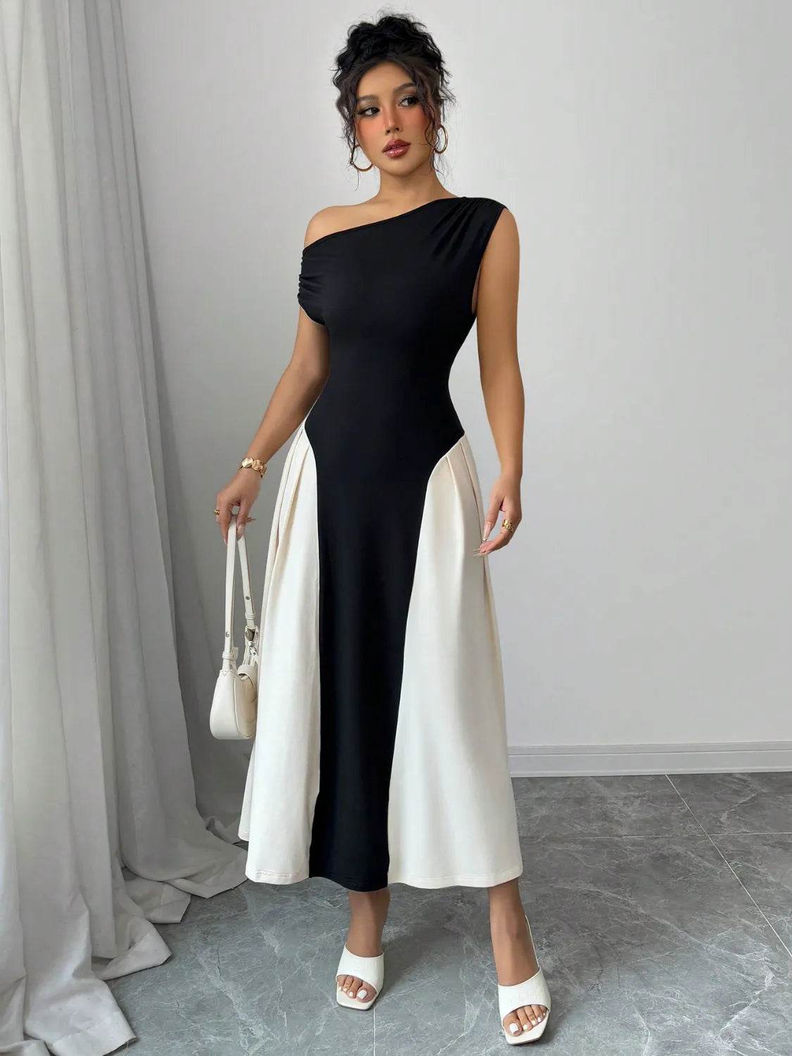 Contrast Single Shoulder Midi Dress - Bona Fide Fashion