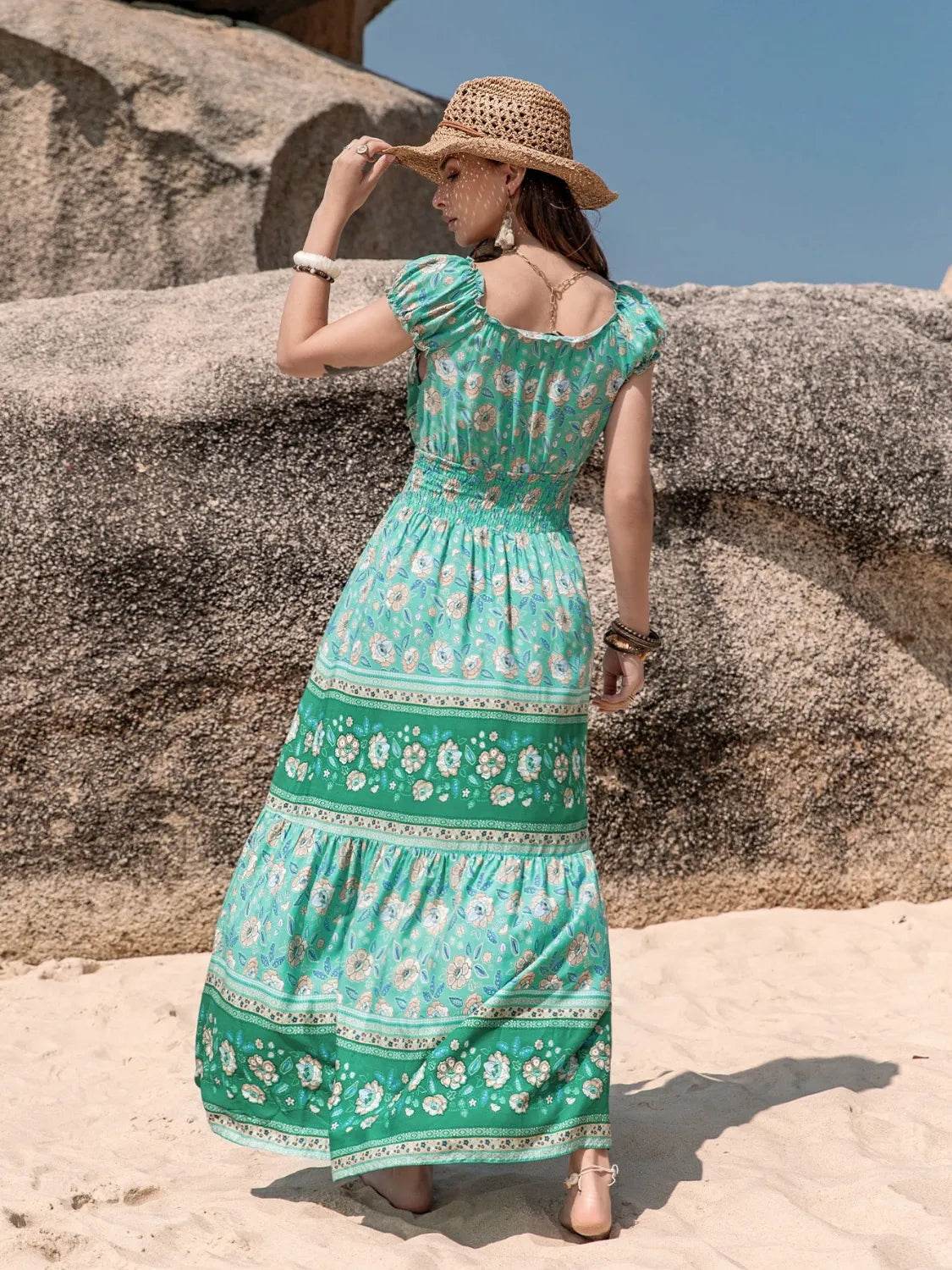 Smocked Printed V-Neck Dress - Bona Fide Fashion