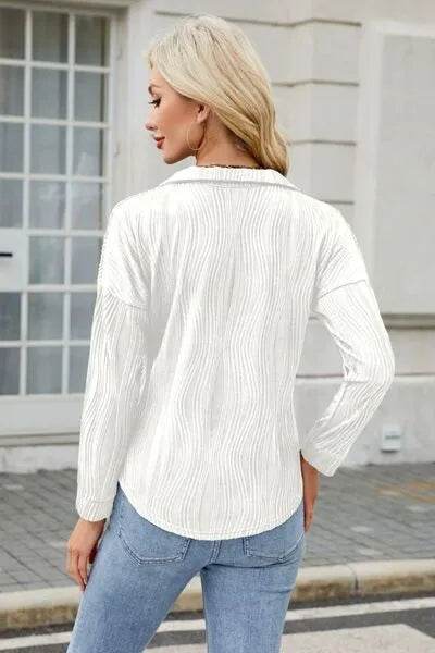 Texture Collared Neck Long Sleeve Blouse - Bona Fide Fashion