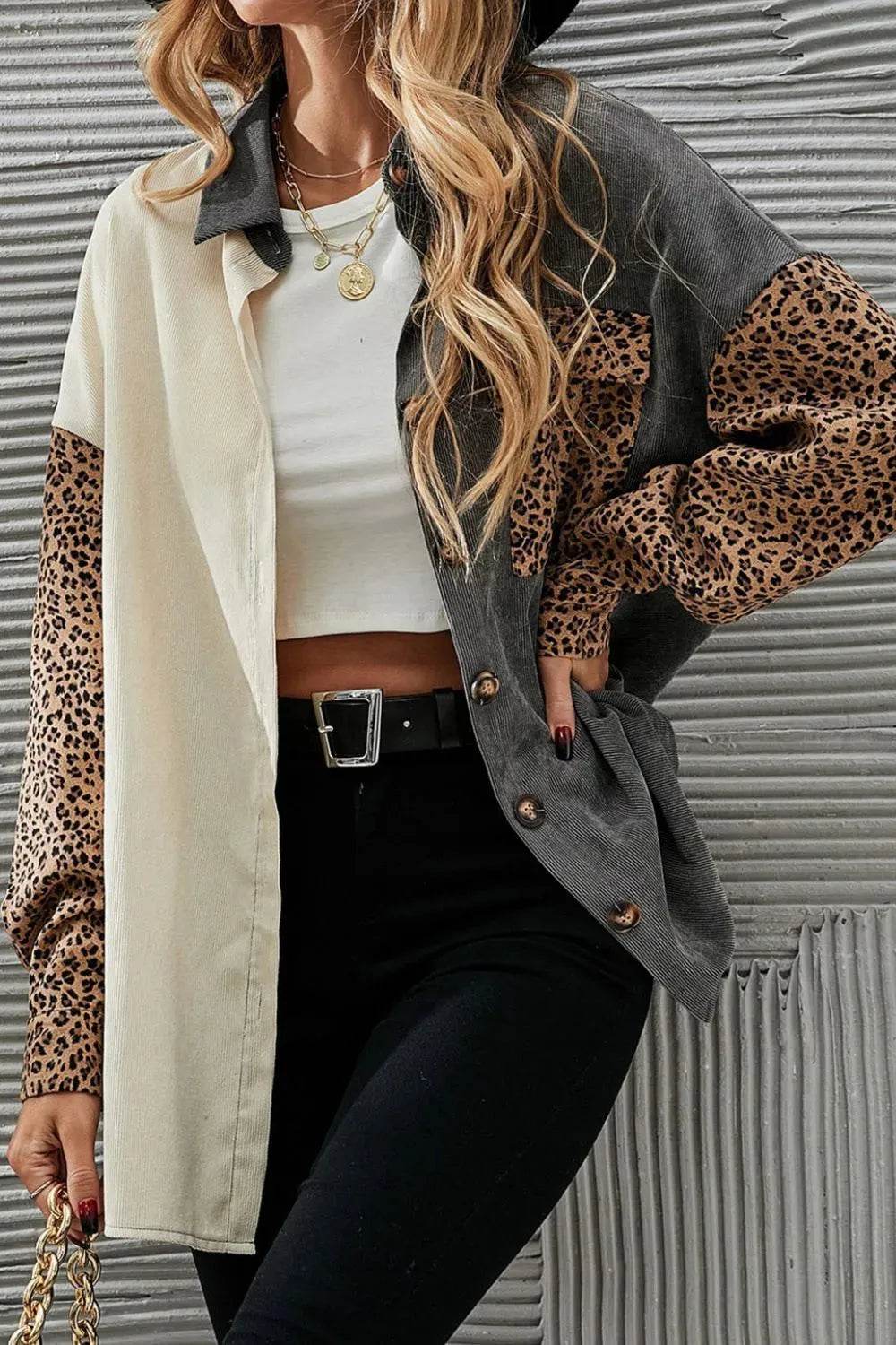 Leopard Button Up Drop Shoulder Jacket - Bona Fide Fashion