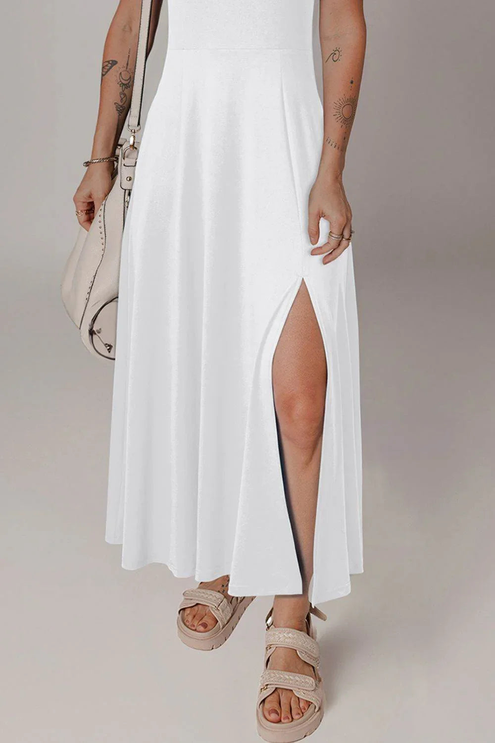 Side Slit Scoop Neck Wide Strap Dress - Bona Fide Fashion