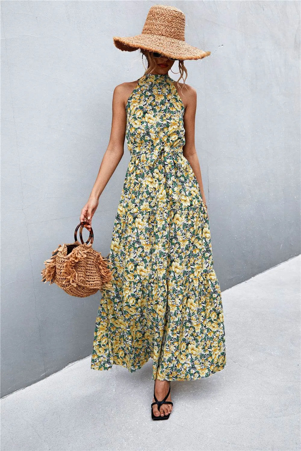 Printed Sleeveless Tie Waist Maxi Dress - Bona Fide Fashion
