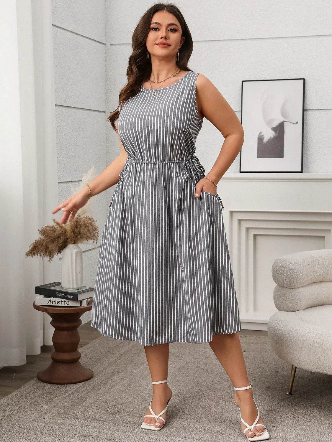 Plus Size Striped Round Neck Sleeveless Dress - Bona Fide Fashion