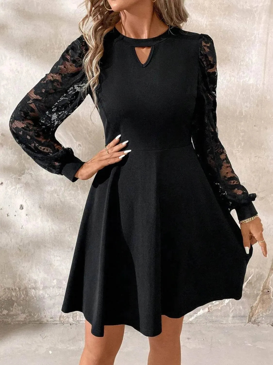 Cutout Lace Long Sleeve Mini Dress - Bona Fide Fashion
