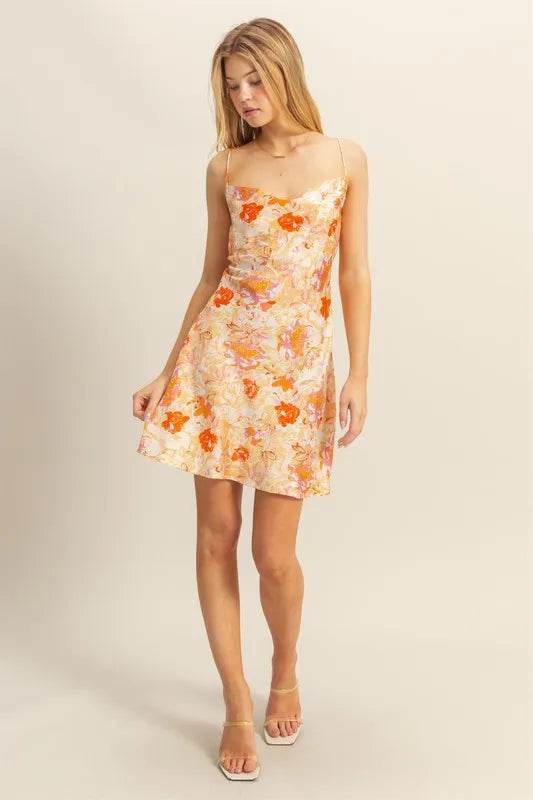 HYFVE Floral Cowl Neck Flirty Satin Mini Dress - Bona Fide Fashion