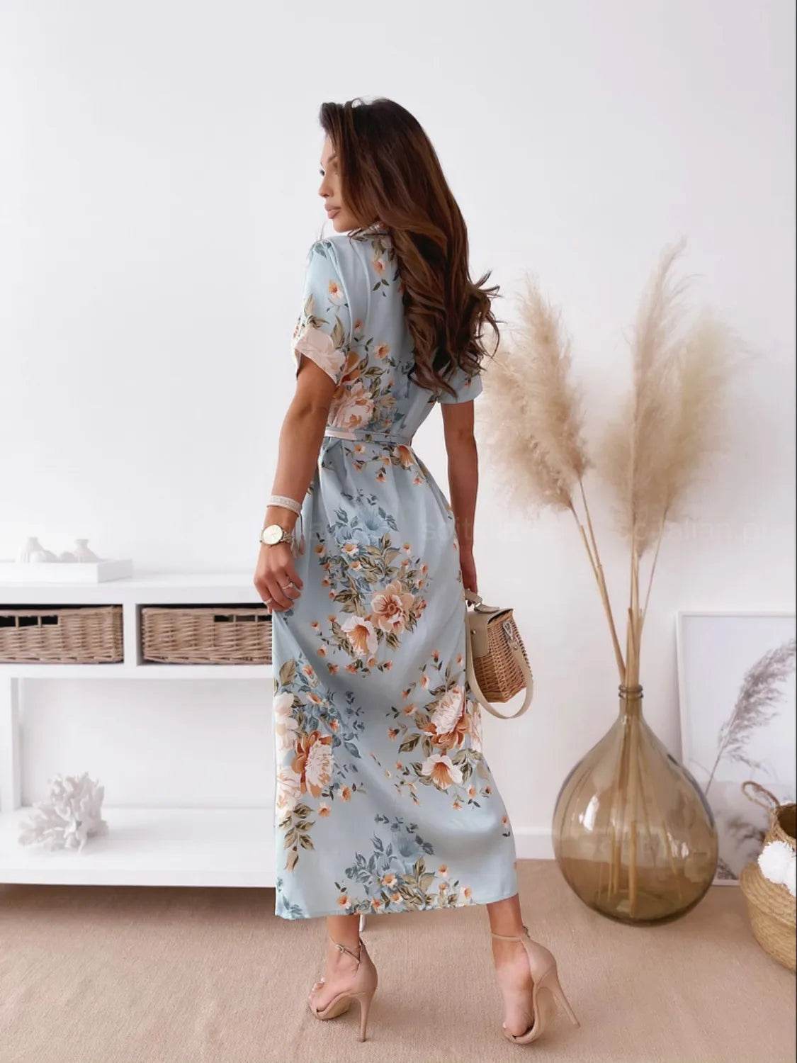 Printed Tie Waist Short Sleeve Midi Shirt Dress - Bona Fide Fashion
