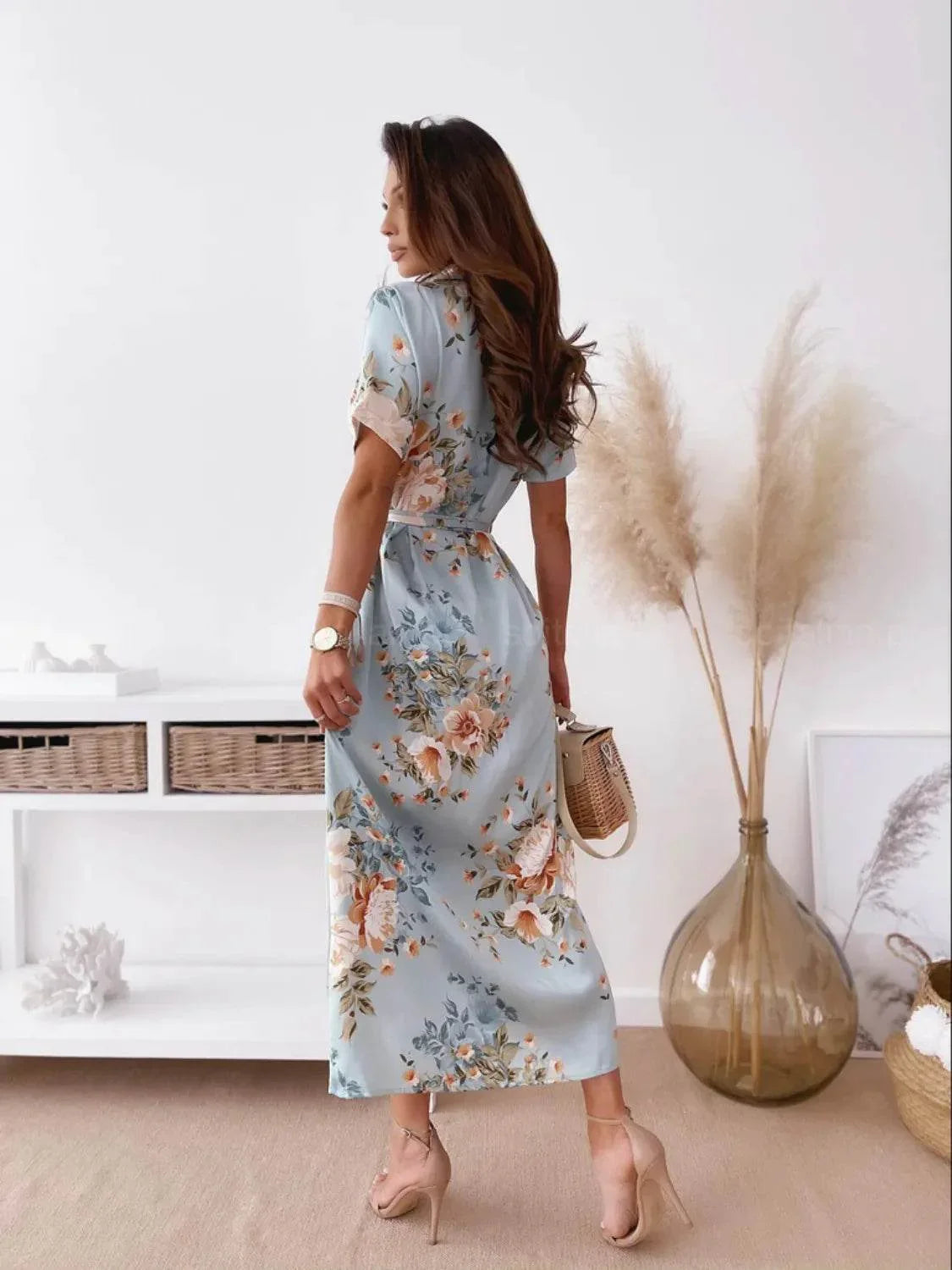 Printed Tie Waist Short Sleeve Midi Shirt Dress - Bona Fide Fashion