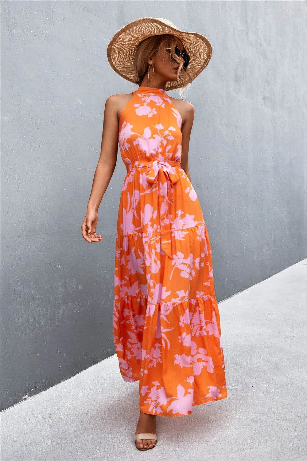 Printed Sleeveless Tie Waist Maxi Dress - Bona Fide Fashion