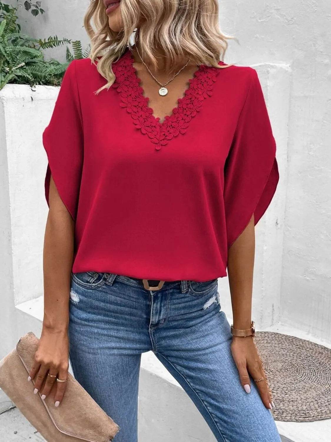 Lace Detail V-Neck Half Sleeve Blouse - Bona Fide Fashion
