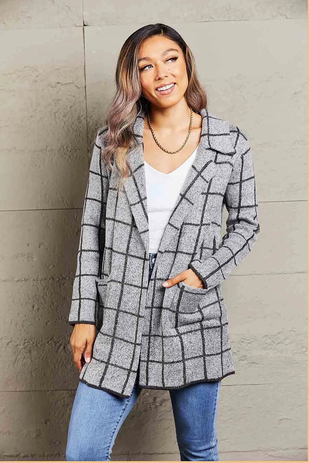 Printed Open Front Lapel Collar Cardigan with Pockets - Bona Fide Fashion