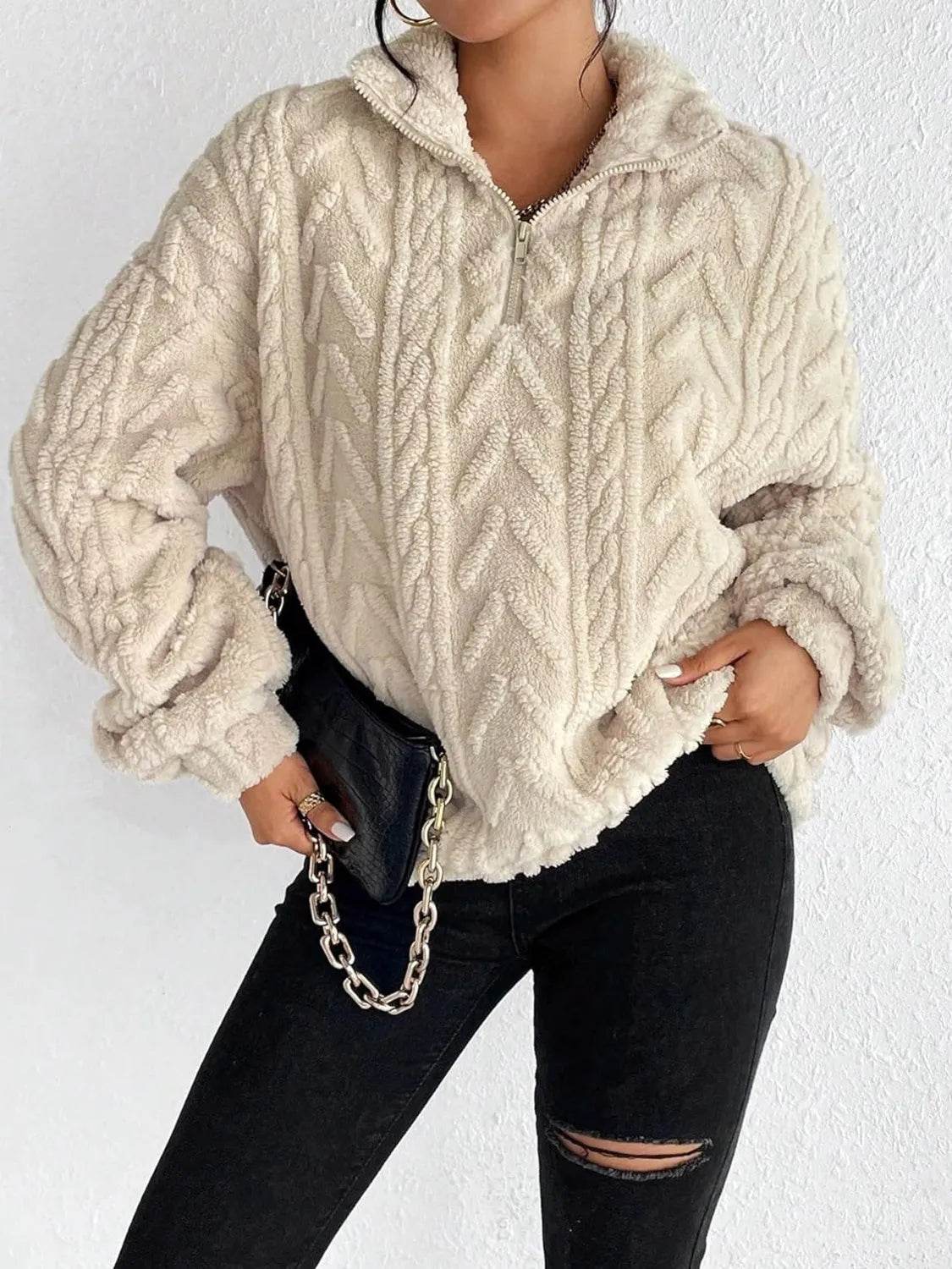 Fuzzy Quarter Zip Long Sleeve Sweatshirt - Bona Fide Fashion