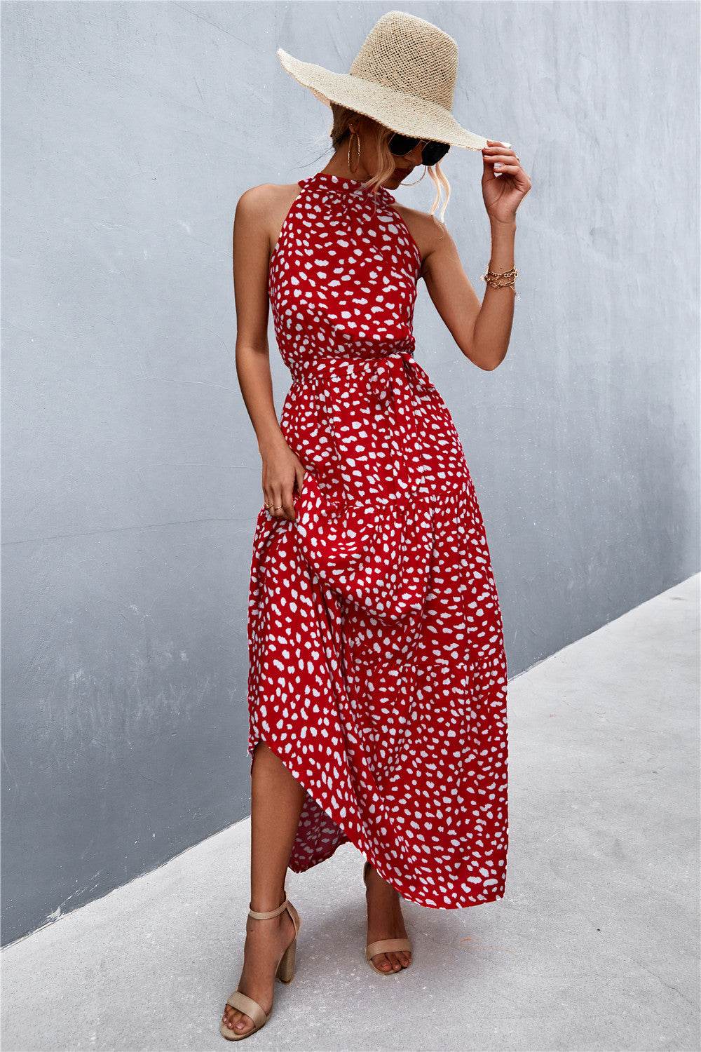Printed Sleeveless Tie Waist Maxi Dress - Bona Fide Fashion