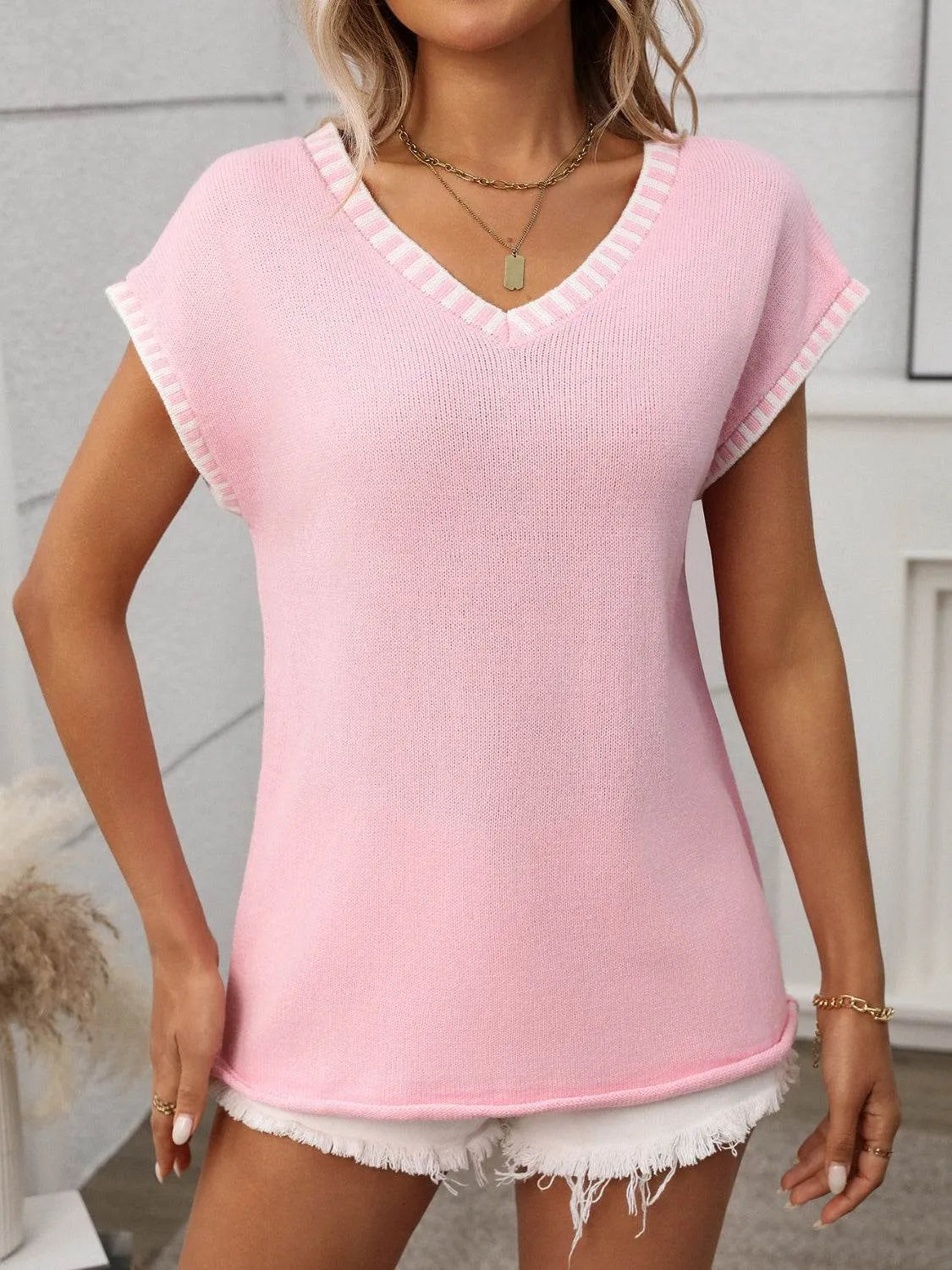 Contrast Trim V-Neck Short Sleeve Knit Top - Bona Fide Fashion