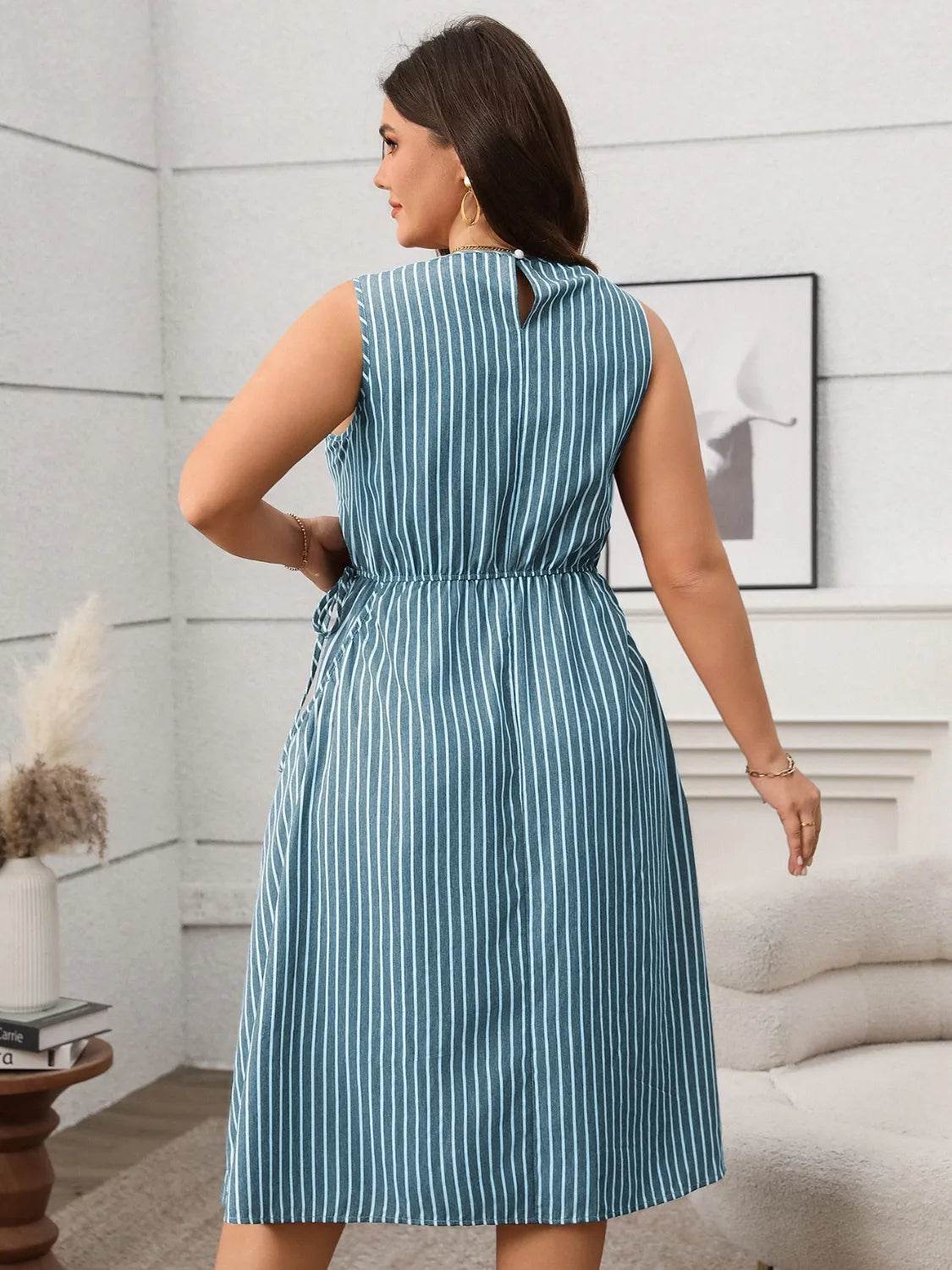 Plus Size Striped Round Neck Sleeveless Dress - Bona Fide Fashion