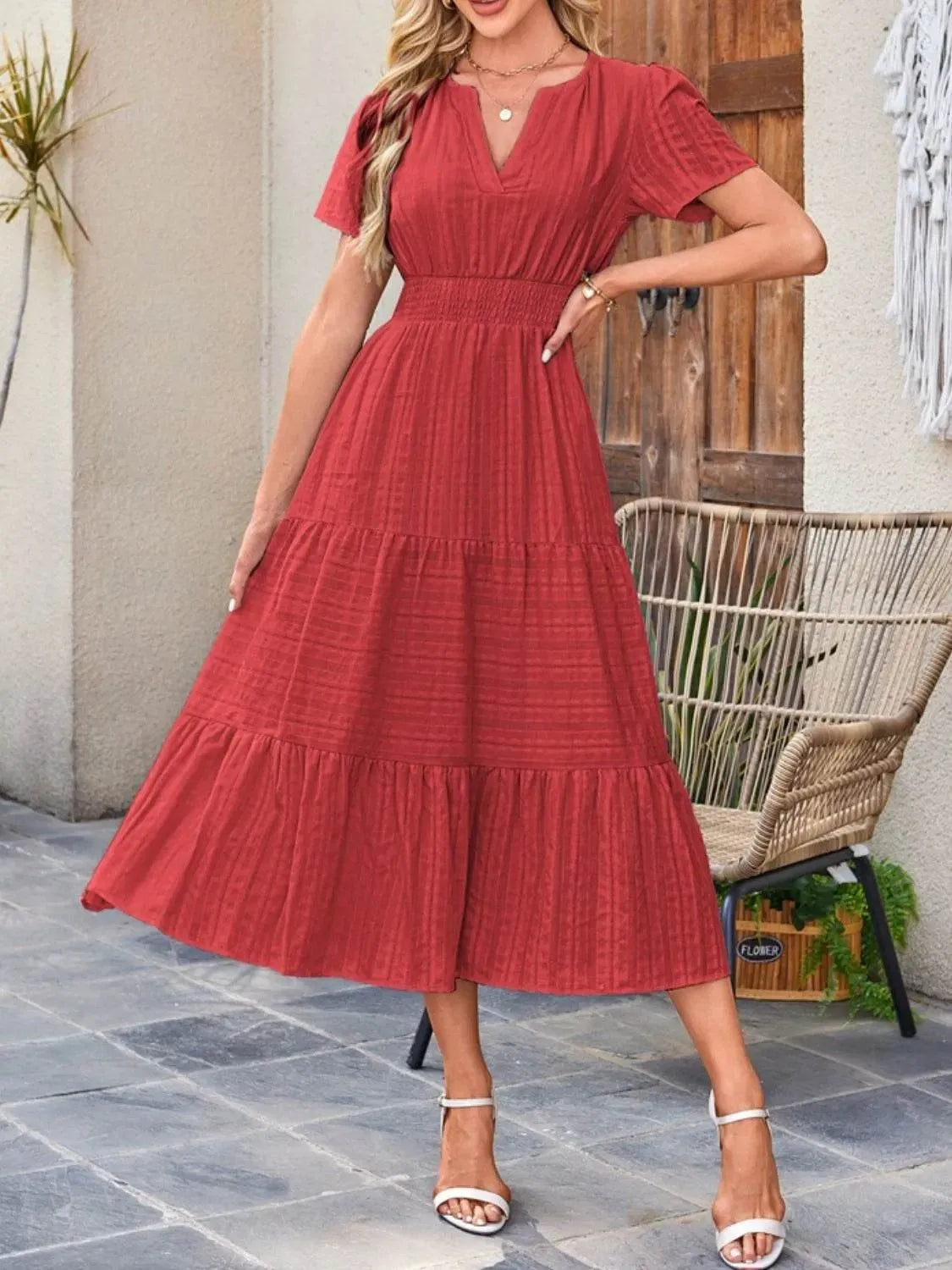 Tiered Notched Short Sleeve Dress - Bona Fide Fashion