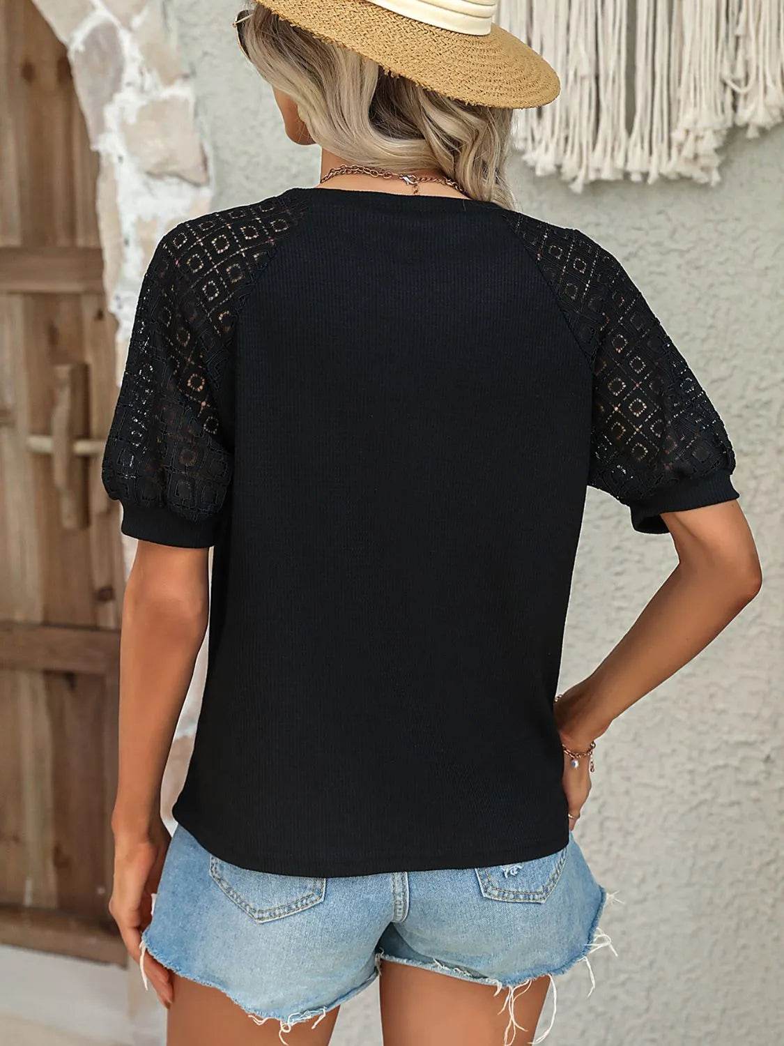 Round Neck Lace Patchwork Half Sleeve T-Shirt - Bona Fide Fashion