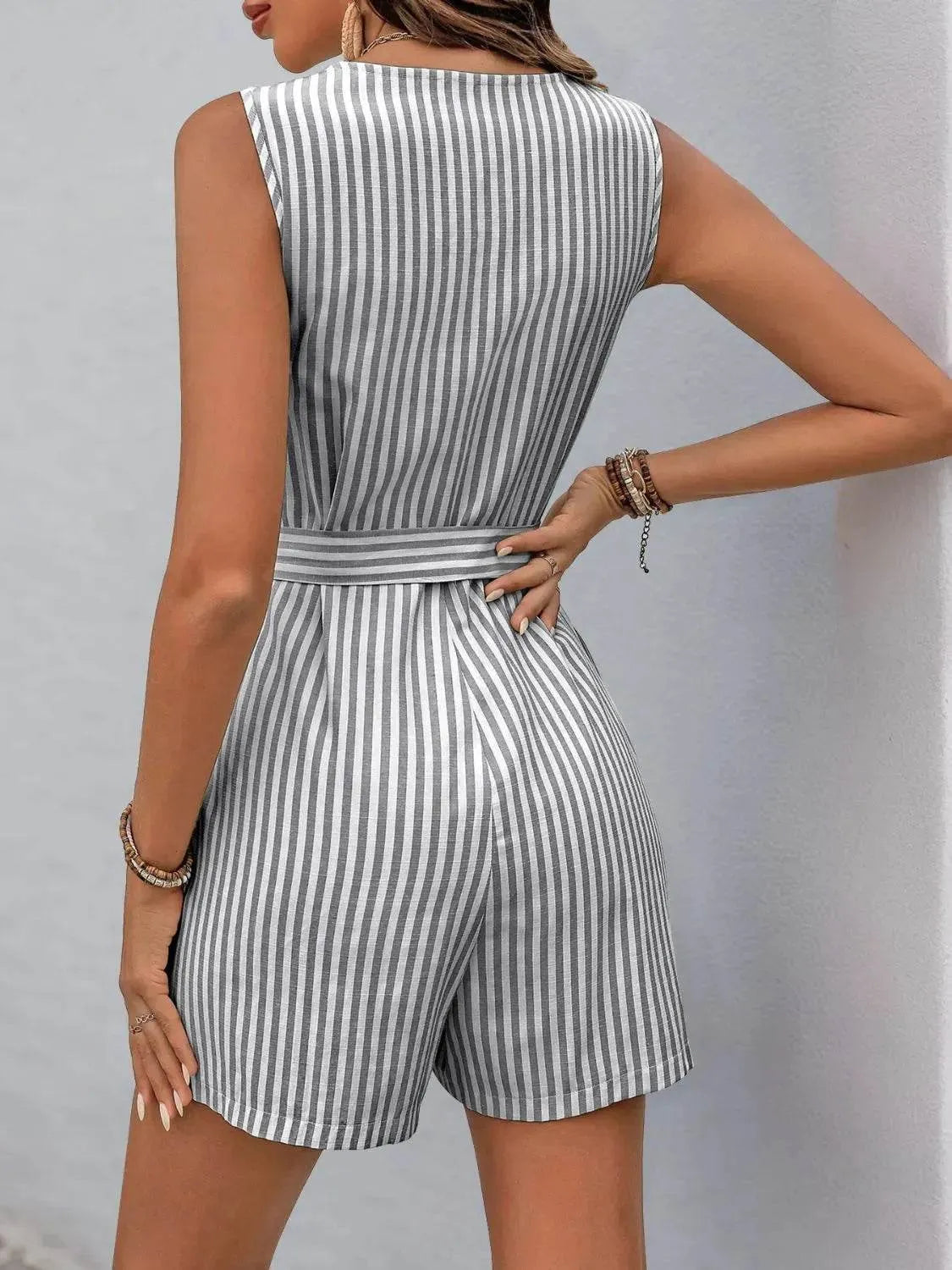 Perfee Striped V-Neck Tie Waist Romper – Cute & Casual One-Piece Outfit for Women - Bona Fide Fashion