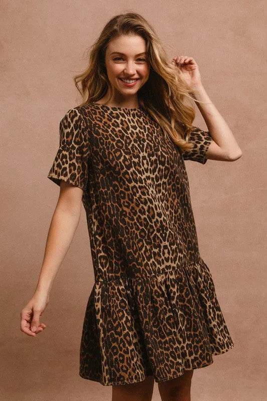 BiBi Tie Back Leopard Round Neck Short Sleeve Dress - Bona Fide Fashion