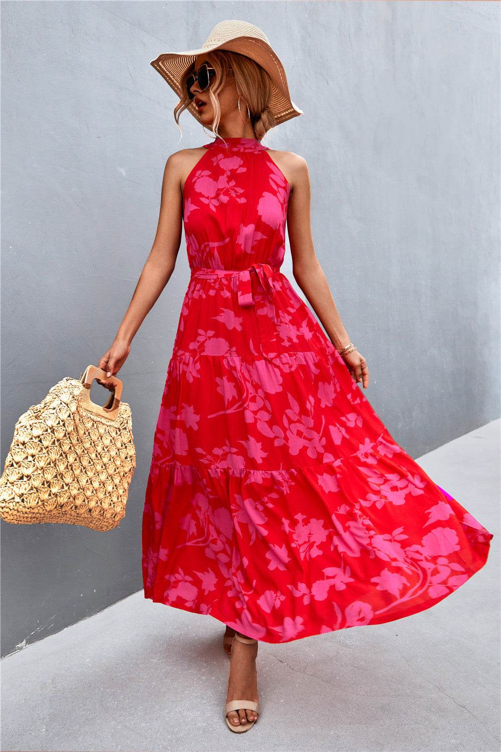 Printed Sleeveless Tie Waist Maxi Dress - Bona Fide Fashion