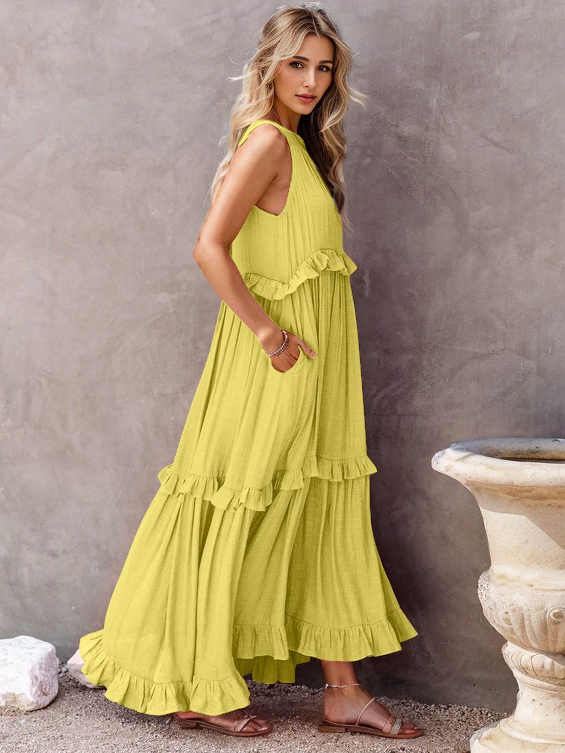 Ruffled Sleeveless Tiered Maxi Dress with Pockets - Bona Fide Fashion