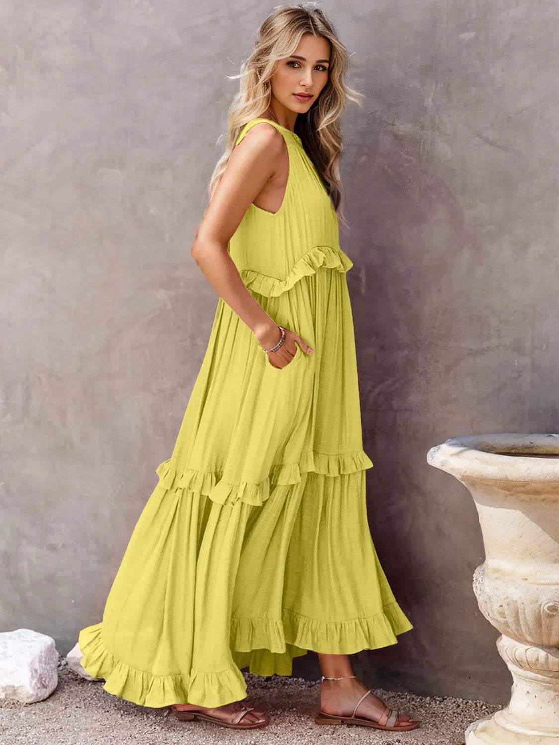 Ruffled Sleeveless Tiered Maxi Dress with Pockets - Bona Fide Fashion