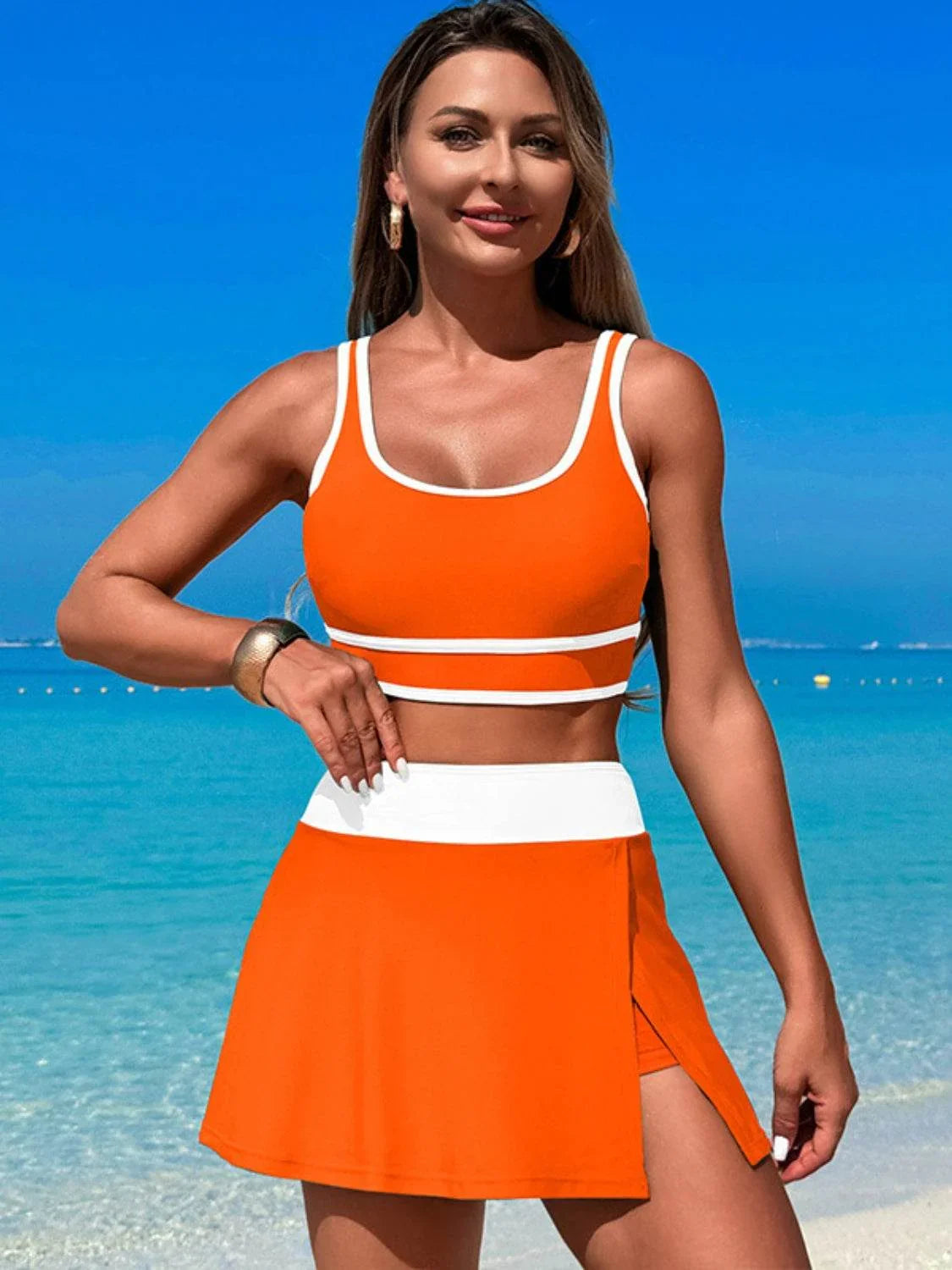 Scoop Neck Top and Skort Swim Set - Bona Fide Fashion