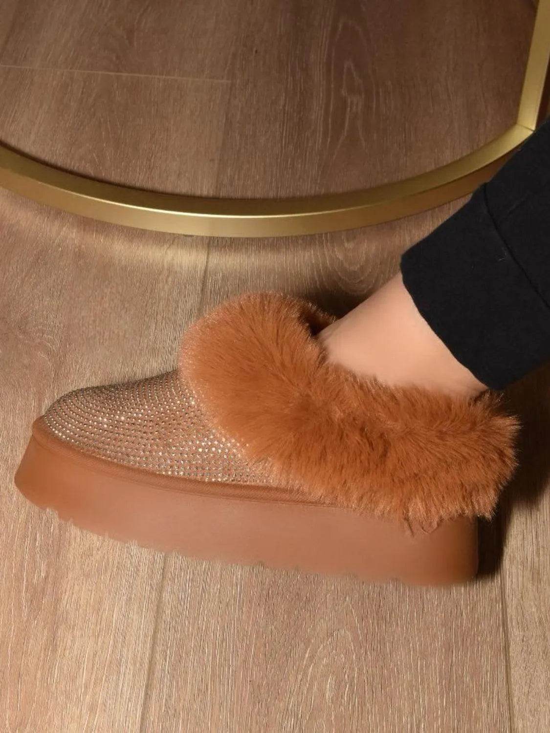 WILD DIVA Embellished Faux Fur Platform Booties - Bona Fide Fashion