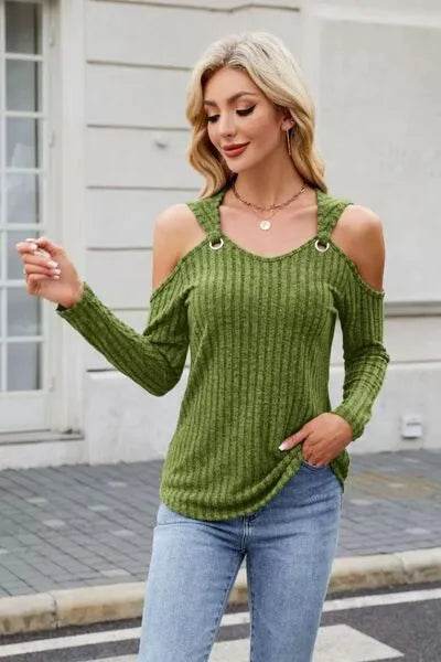 Ribbed Cold Shoulder Long Sleeve Top - Bona Fide Fashion