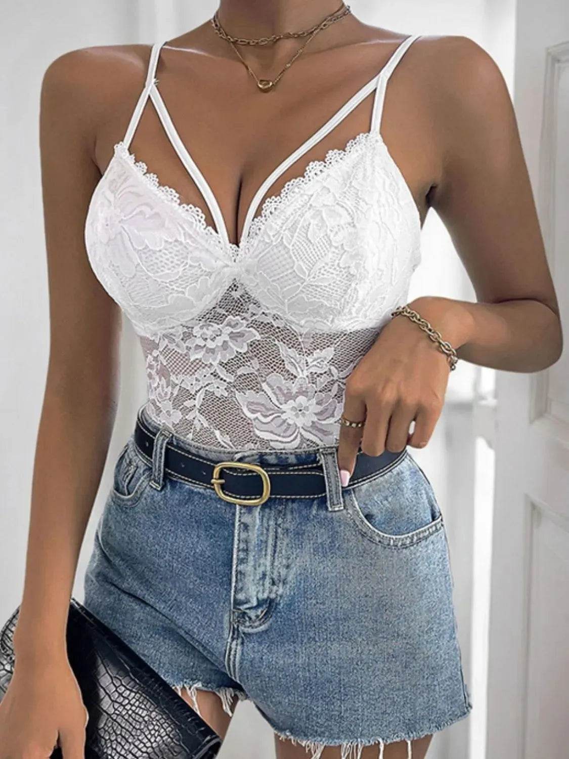 Perfee Spaghetti Strap Lace Bodysuit - Bona Fide Fashion