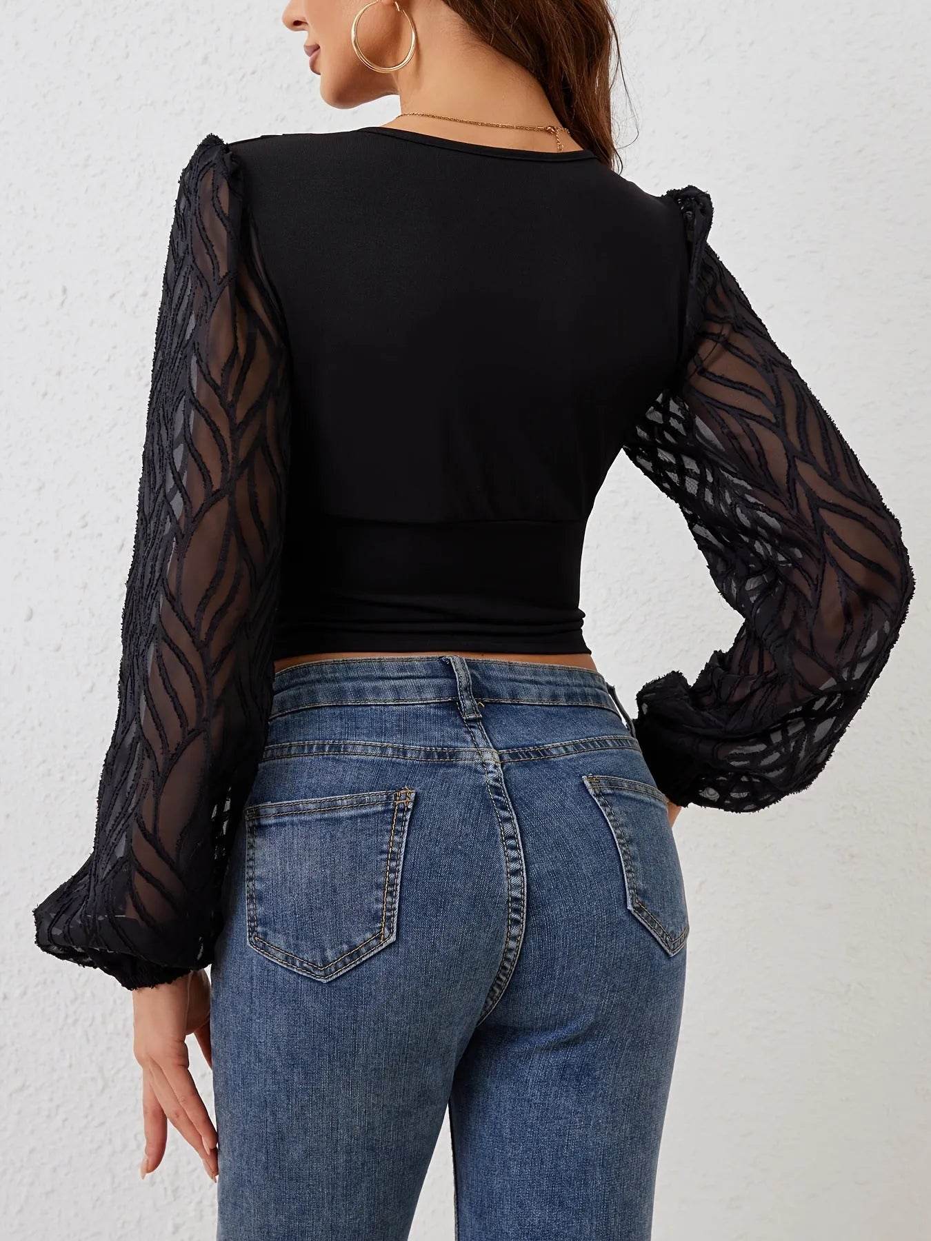 Lace Patchwork Plunge Long Sleeve Blouse - Bona Fide Fashion