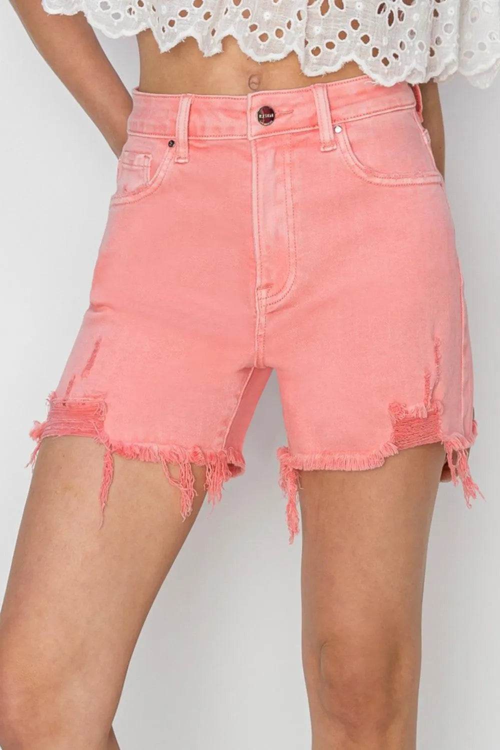 Risen High Rise Distressed Denim Shorts – Edgy Fit with Summer Vibes | Bona Fide Fashion - Bona Fide Fashion