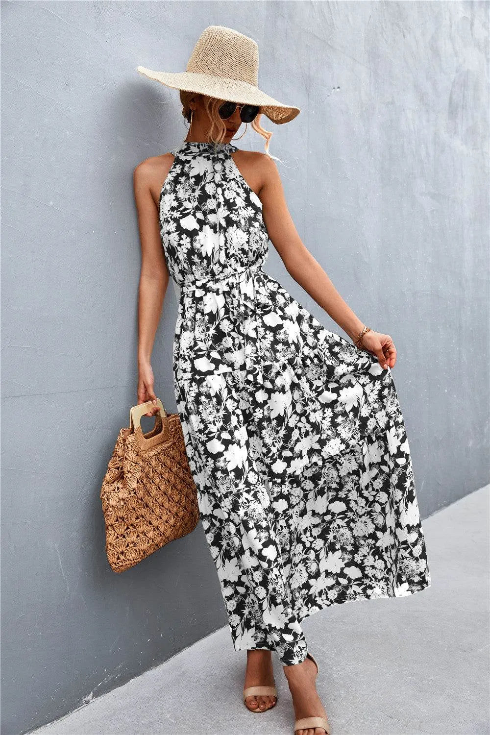 Printed Sleeveless Tie Waist Maxi Dress - Bona Fide Fashion