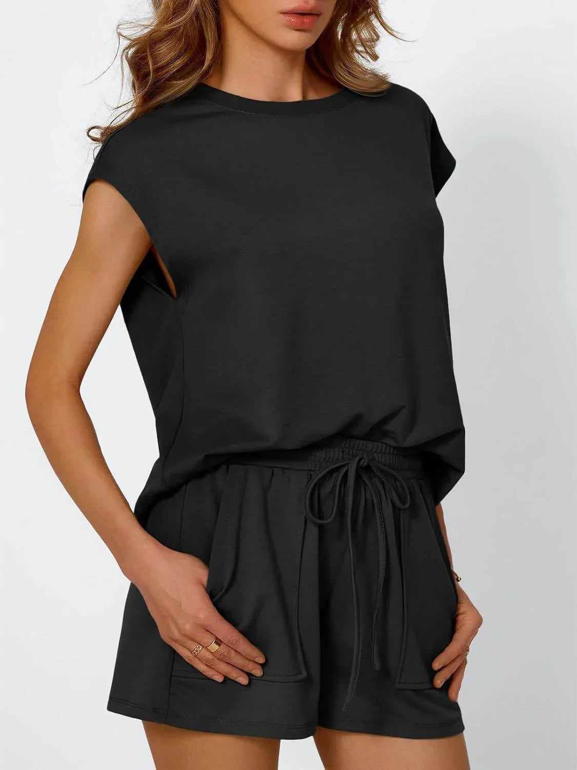 Round Neck Cap Sleeve Top and Shorts Set - Bona Fide Fashion
