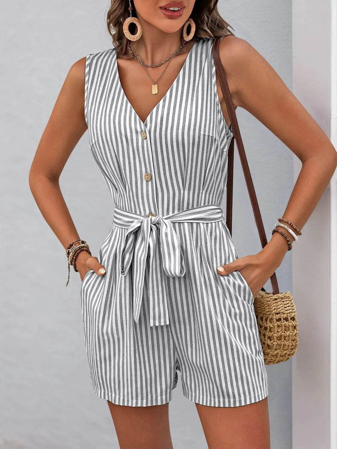 Perfee Striped V-Neck Tie Waist Romper – Cute & Casual One-Piece Outfit for Women - Bona Fide Fashion