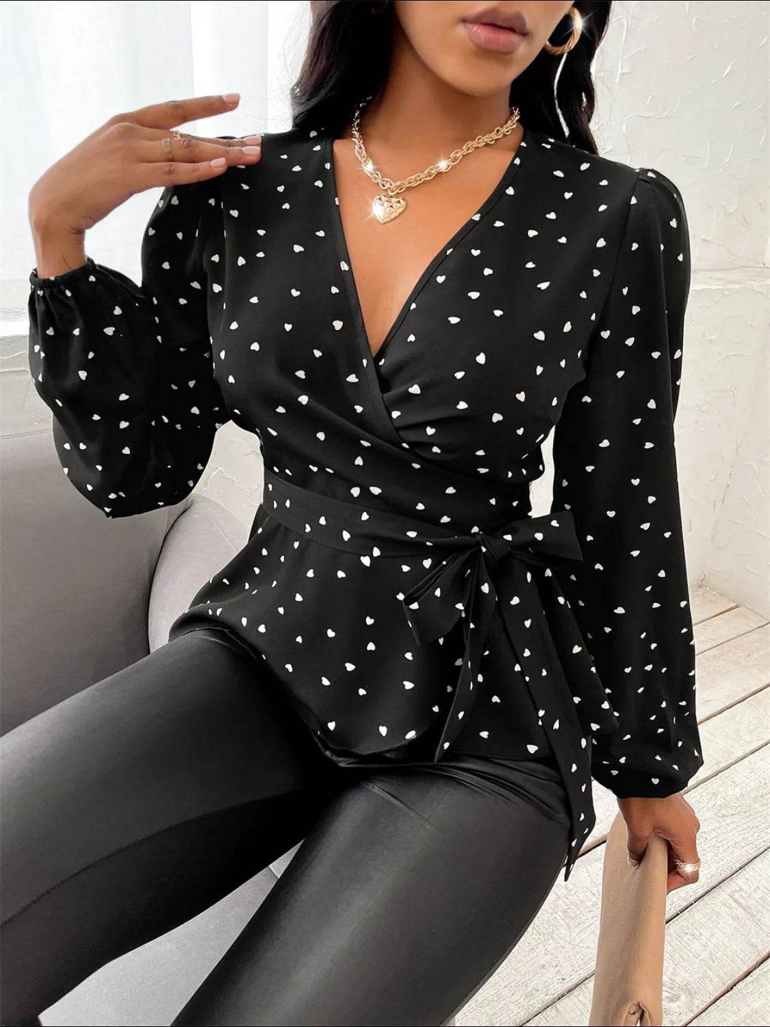Heart Print Surplice Balloon Sleeve Blouse - Bona Fide Fashion