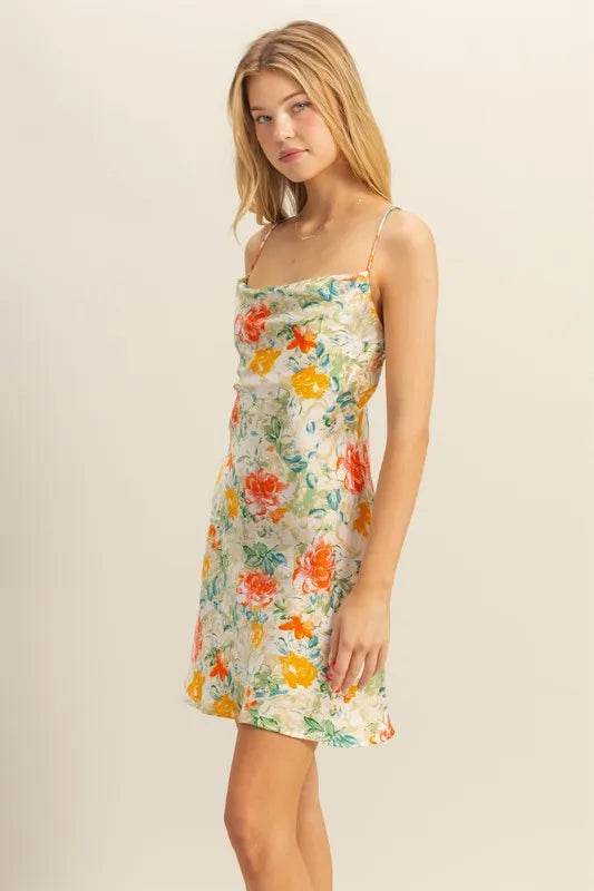HYFVE Floral Cowl Neck Flirty Satin Mini Dress - Bona Fide Fashion