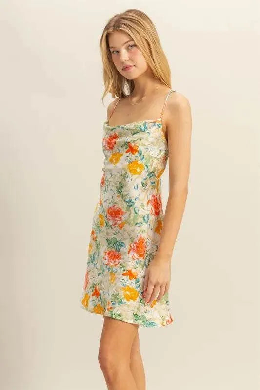 HYFVE Floral Cowl Neck Flirty Satin Mini Dress - Bona Fide Fashion