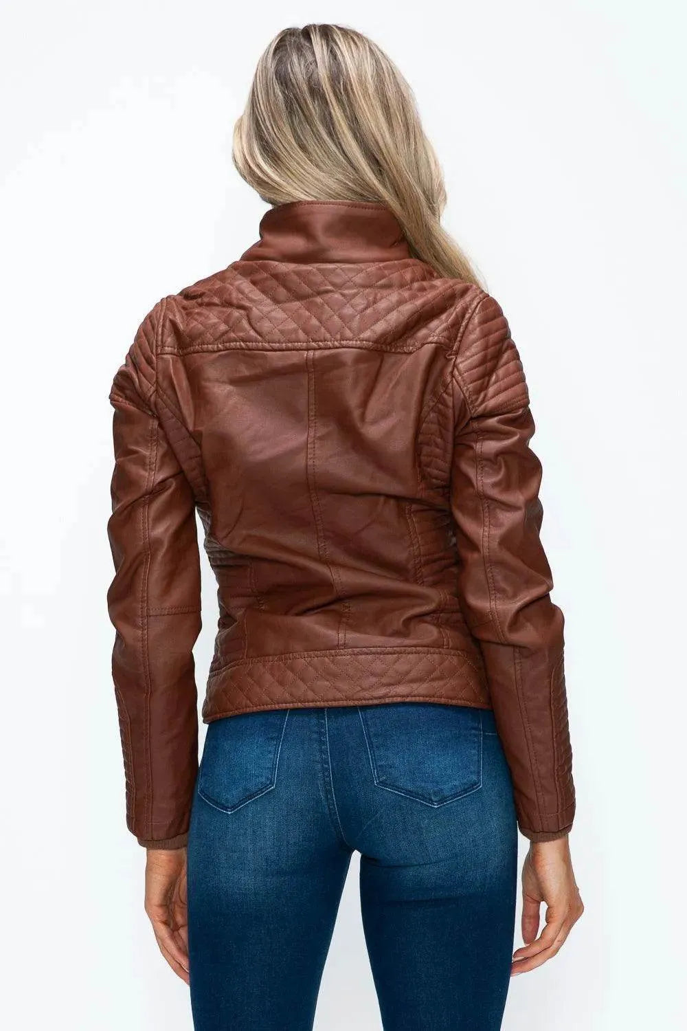 YMI Faux Layered Double-Zipper Jacket with Fuzzy Hood - Bona Fide Fashion